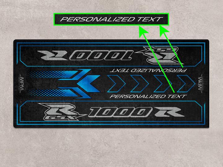 Motorcycle display rug for GSX-R1000R riders. A carpet accessory for track prep, parts zone, and superbike garage setups.