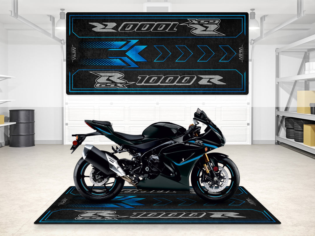 Suzuki GSX-R1000R garage mat in Metallic Matte Black. Floor cover with Thermoplastic Rubber for showroom or racetrack display.
