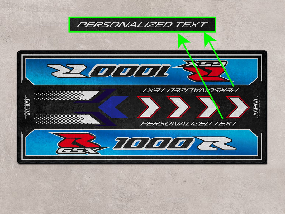 GSX-R1000R parking mat for superbike garage or motorcycle display area. Durable parts-safe Thermoplastic Rubber base.