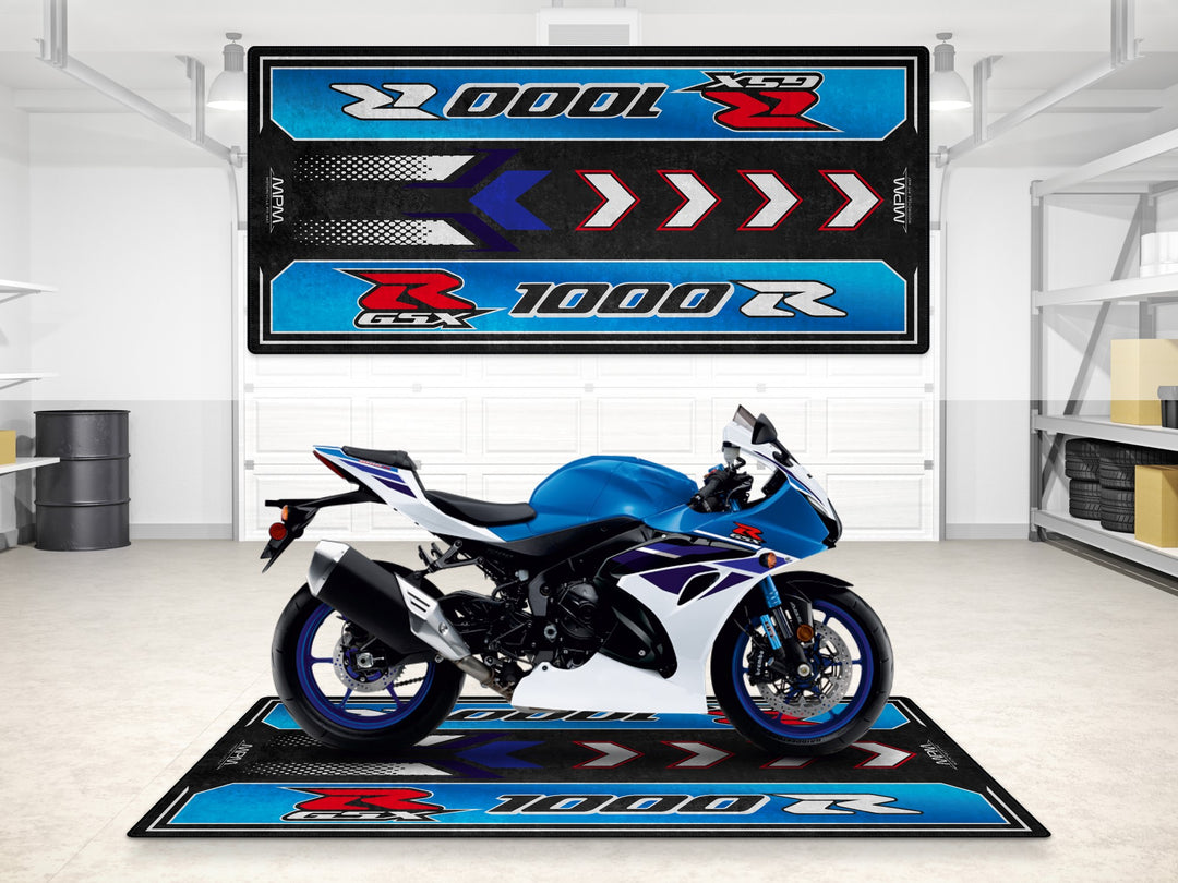 Mechanical Gray GSX-R1000R pit mat for racetrack, track prep, and bike zone setups. Perfect motorcycle gear accessory.