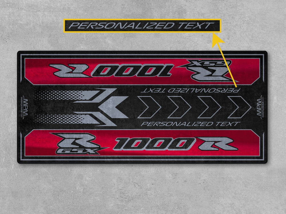 Custom pit rug for Suzuki GSX-R1000R in Candy Red. Perfect carpet gift idea for bike zone or motorcycle gear lovers.