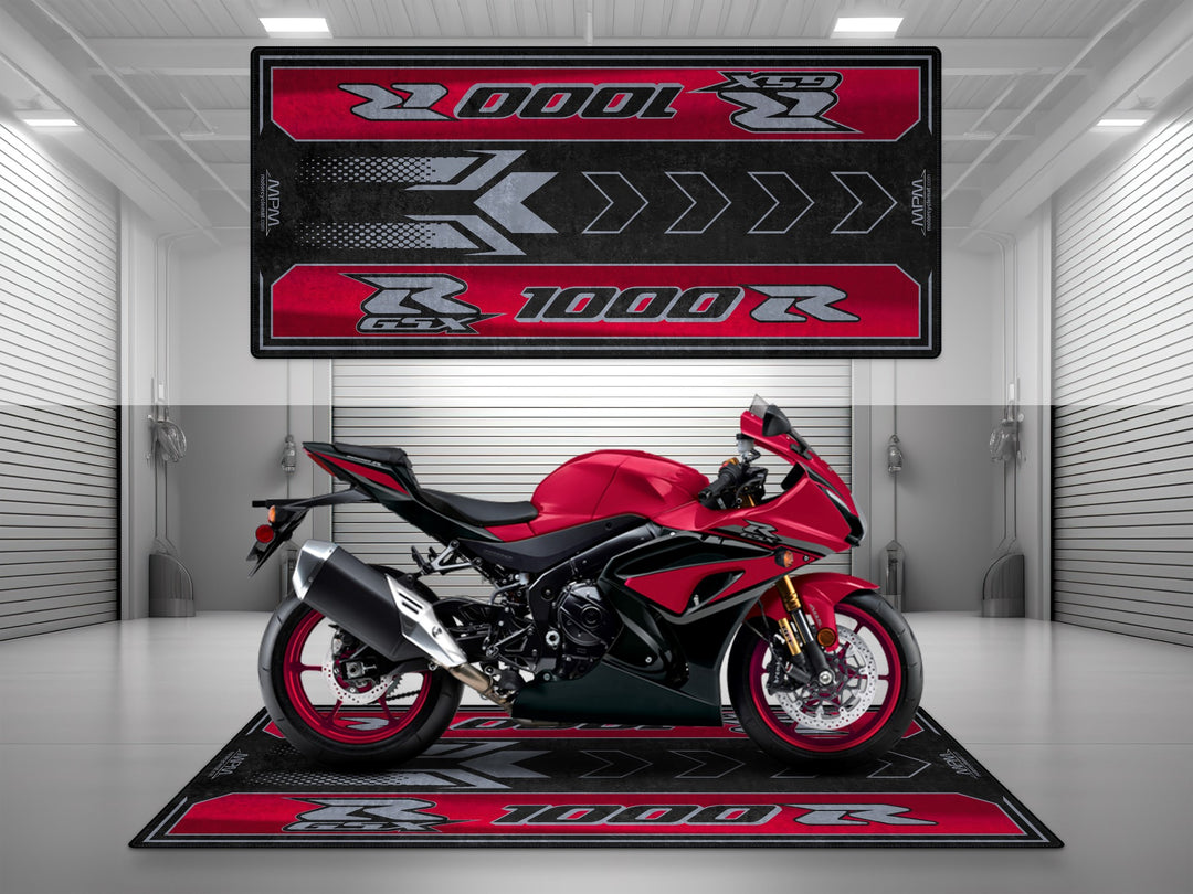 Suzuki GSX-R1000R garage mat for showroom or superbike garage. Thermoplastic Rubber floor cover for rider essentials and gear.