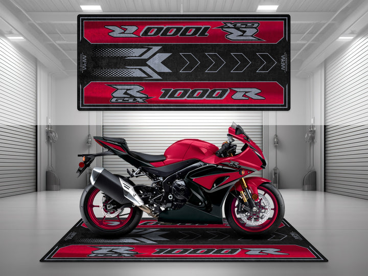 Suzuki GSX-R1000R garage mat for showroom or superbike garage. Thermoplastic Rubber floor cover for rider essentials and gear.