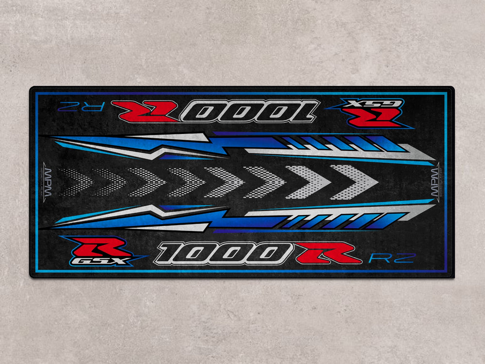 Parking mat for GSX-R1000RZ in Mystic Silver. Custom pit rug design for racetrack, bike zone, and rider essentials area.