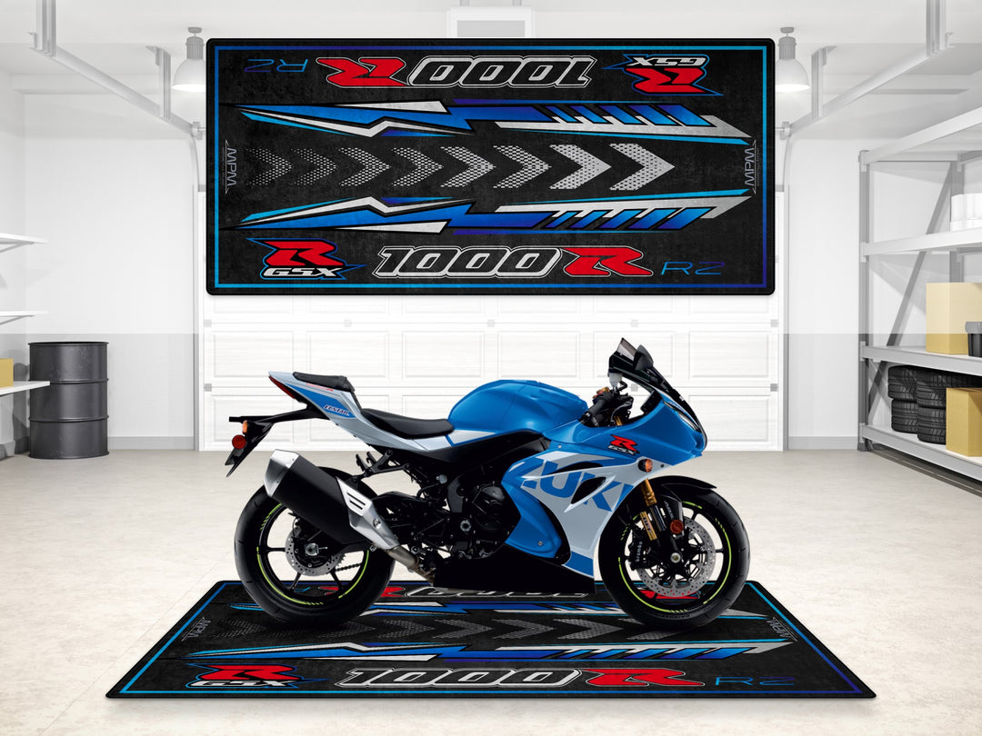 Suzuki GSX-R1000RZ garage mat in Triton Blue. Perfect floor cover for showroom, pit mat setup, and motorcycle gear station.
