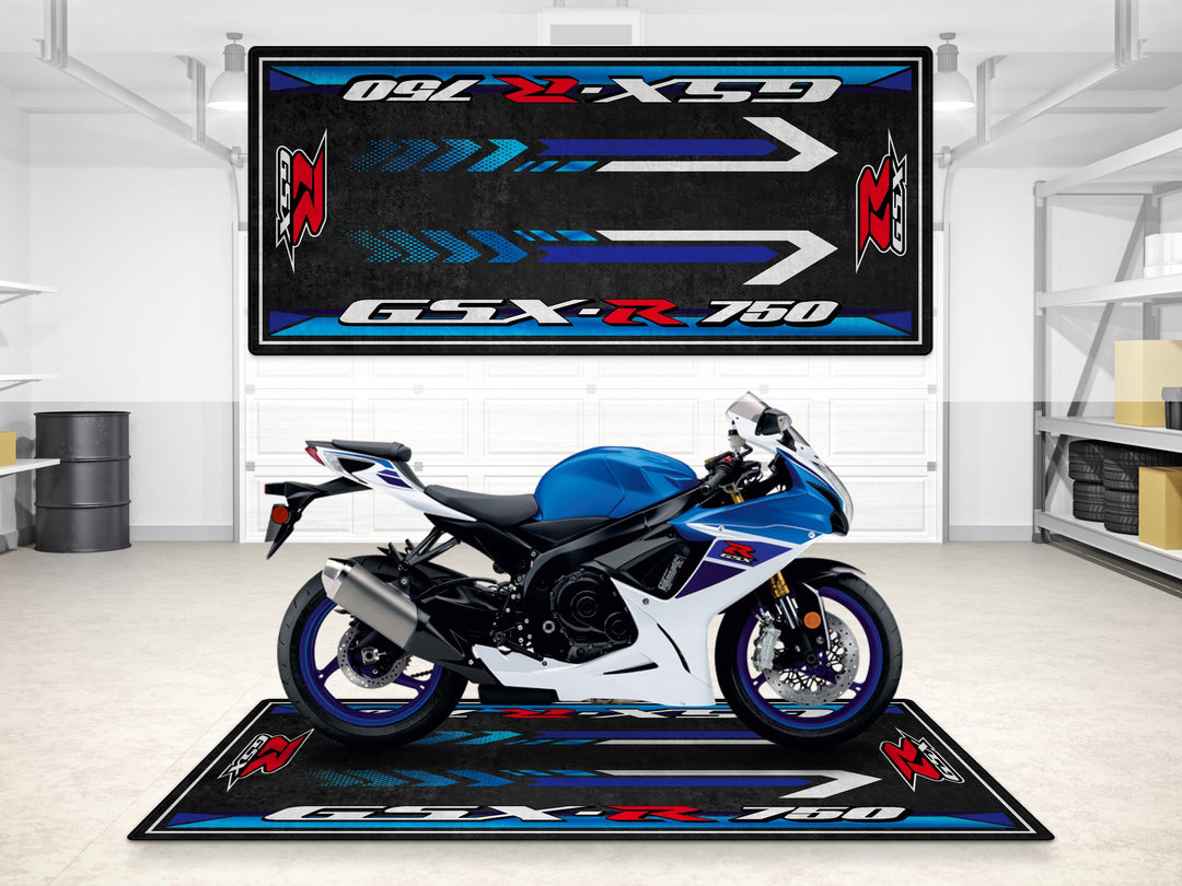 Suzuki GSX-R750 garage mat in blue-white tones. Thermoplastic Rubber floor cover for showroom, parking mat, and track prep.