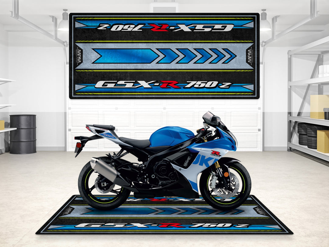 Suzuki GSX-R750Z garage mat in blue-silver. Thermoplastic Rubber rug for parking mat, motorcycle gear, and floor cover use.