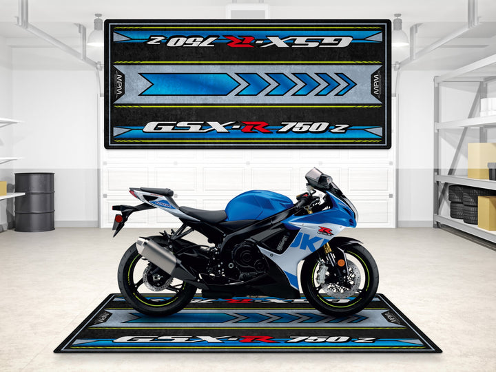 Suzuki GSX-R750Z garage mat in blue-silver. Thermoplastic Rubber rug for parking mat, motorcycle gear, and floor cover use.