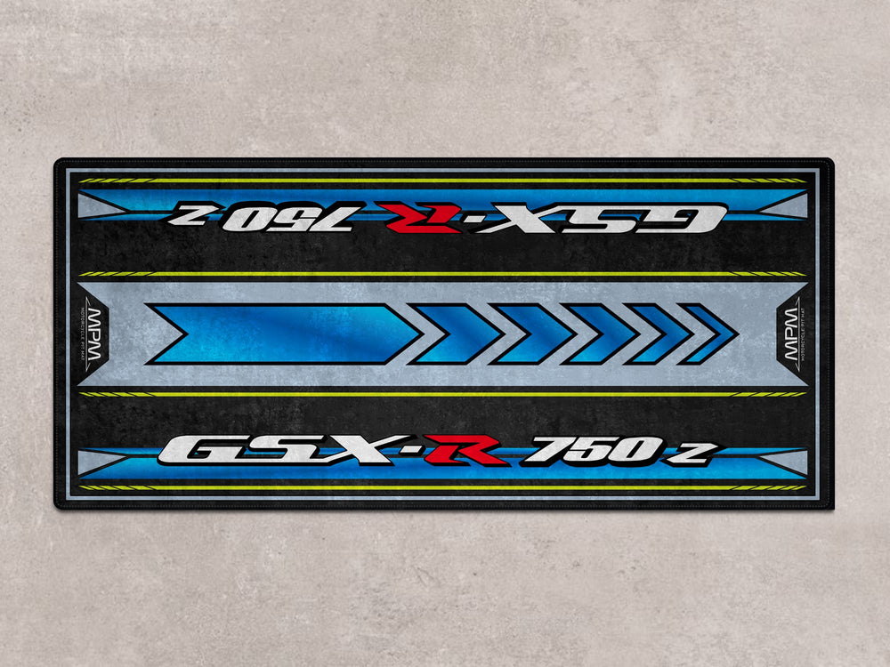 GSX-R750Z pit mat with custom blue accents. Floor cover for showroom, racetrack prep, or superbike garage rider setup.