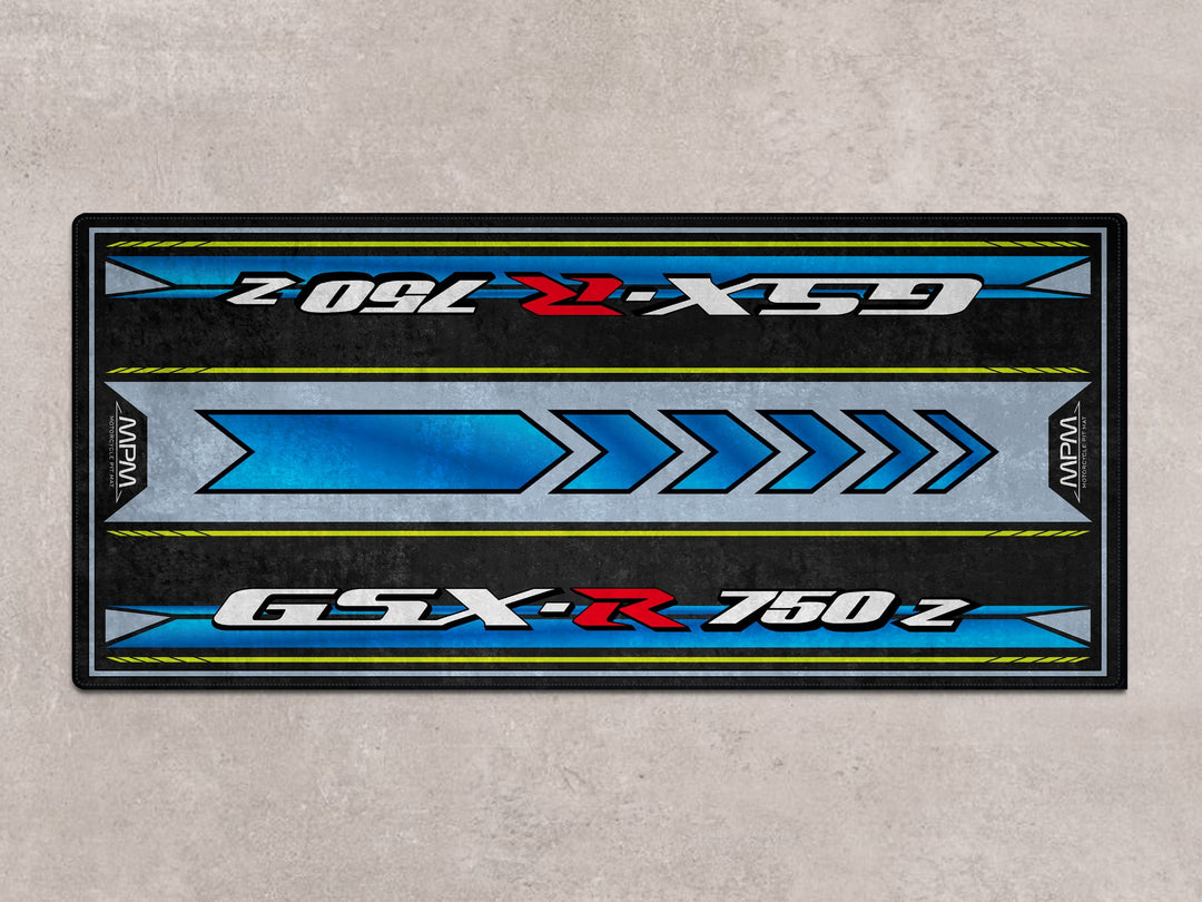 GSX-R750Z pit mat with custom blue accents. Floor cover for showroom, racetrack prep, or superbike garage rider setup.