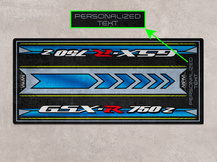 Custom pit rug for Suzuki GSX-R750Z riders. Thermoplastic Rubber parking mat ideal for track prep and bike zone use.