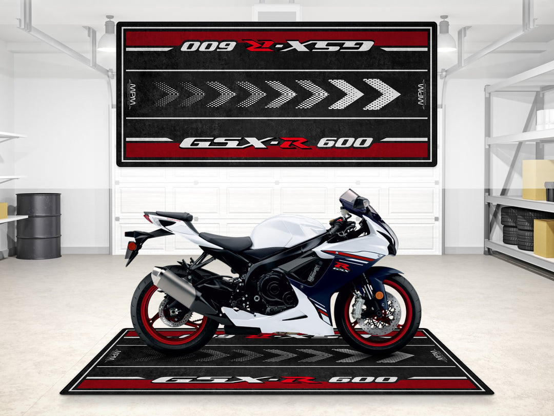Suzuki GSX-R600 garage mat in white-blue. Thermoplastic Rubber floor cover for showroom, parking mat, and track prep use.
