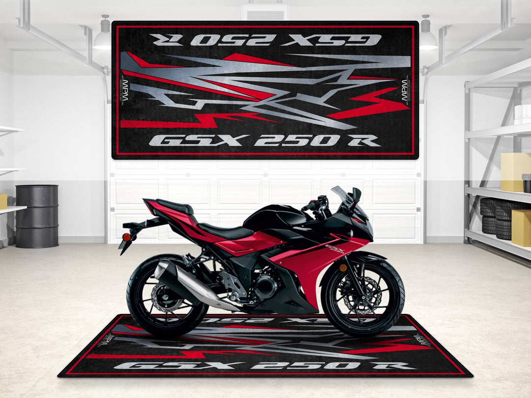 Suzuki GSX250R garage mat in red-black tones. Rug made of Thermoplastic Rubber for parking mat, showroom, and floor cover.