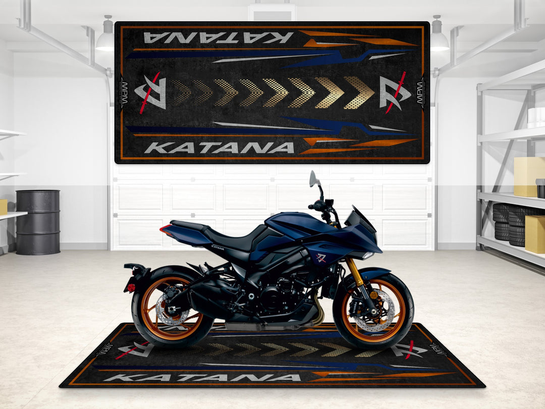 Suzuki Katana garage mat in Stellar Blue. Ideal pit mat for superbike garage, motorcycle display, and parking mat setups.