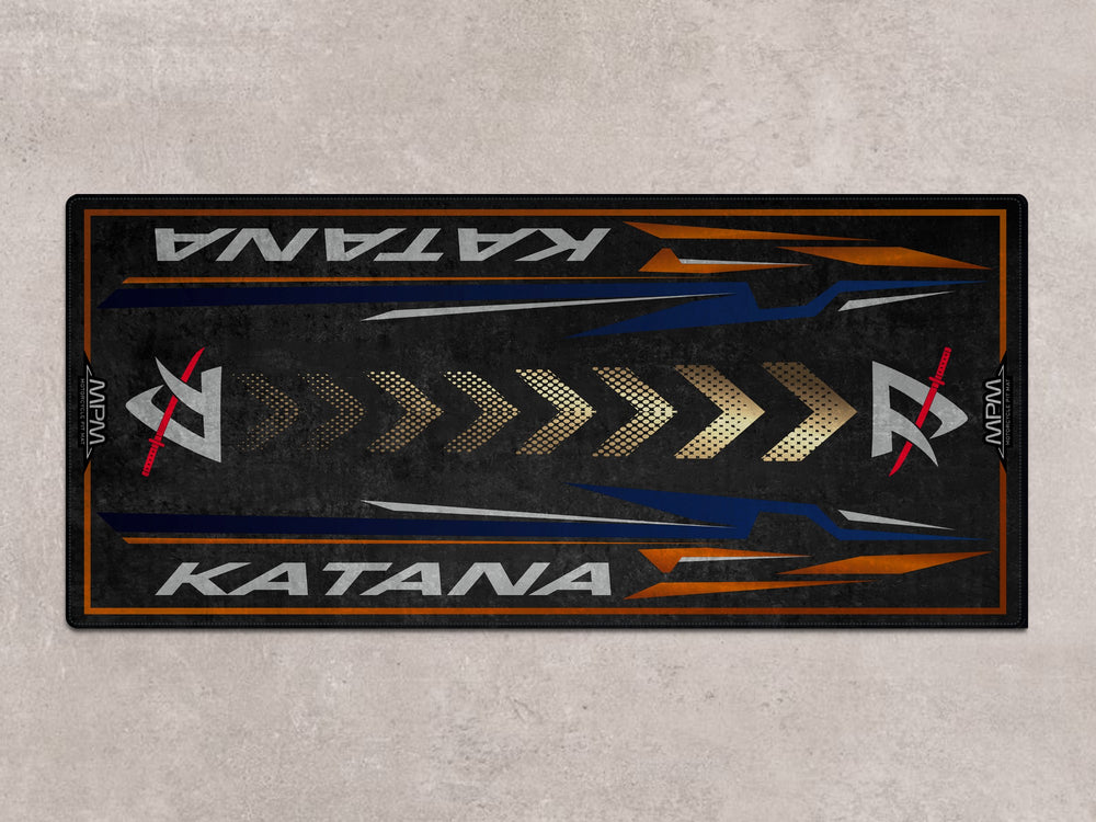 Katana motorcycle rug with orange accents. Thermoplastic Rubber floor cover for bike zone, showroom, or rider essentials.