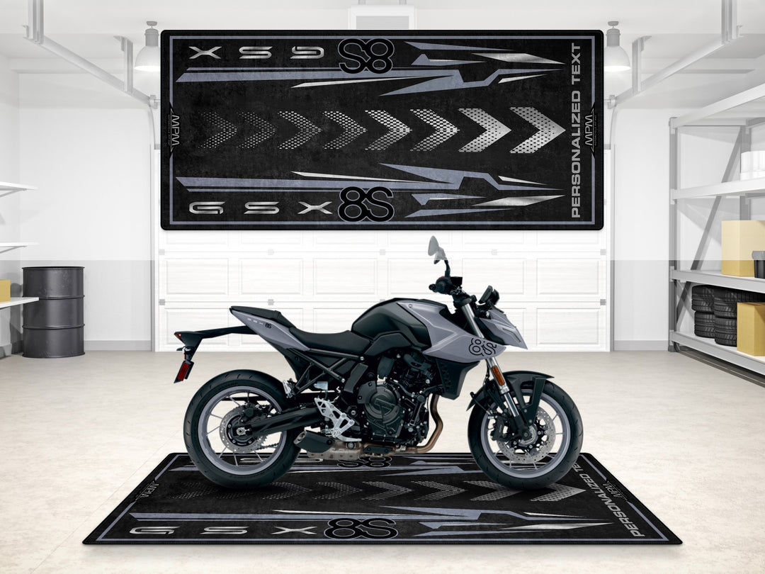Personalized GSX-8S motorcycle mat. Custom pit rug for garage, racetrack, track prep, and rider essentials corner.