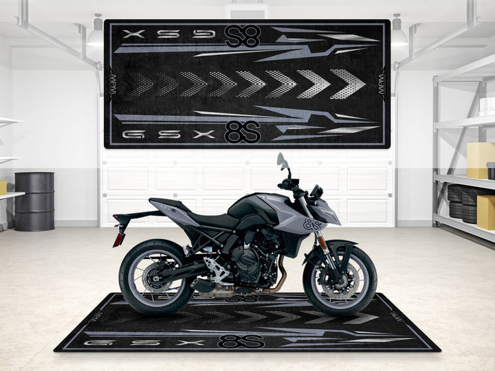 Suzuki GSX-8S garage mat in Mechanical Gray. Motorcycle display floor cover for showroom, garage, or pit mat setup.