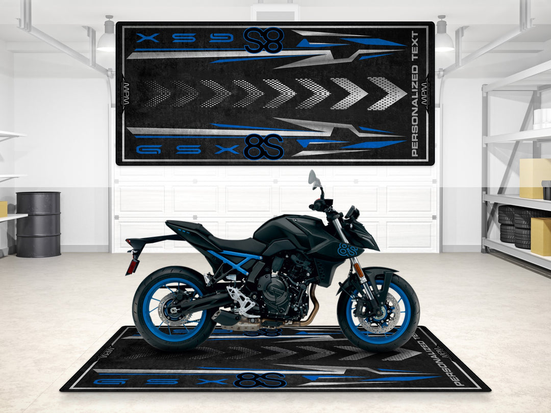 Custom pit rug for Suzuki GSX-8S riders. Showroom-quality garage mat for superbike garage and rider essentials.