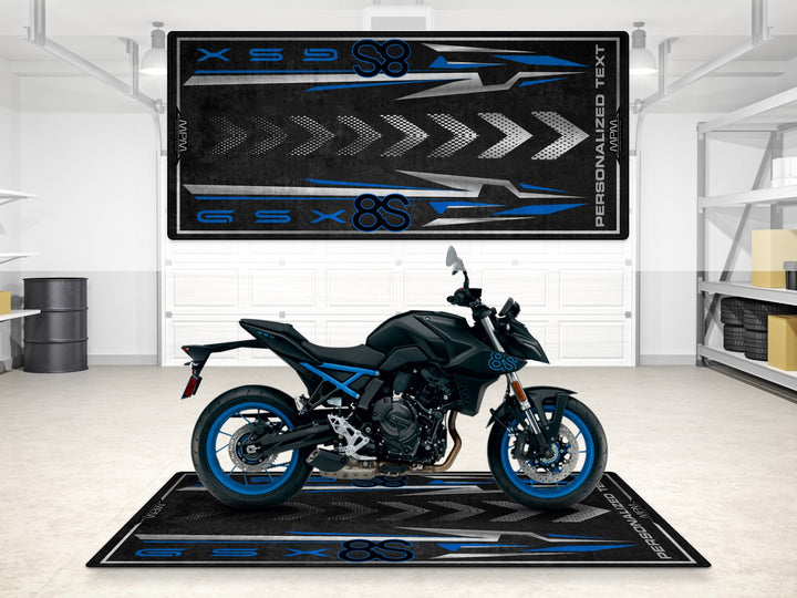 Custom pit rug for Suzuki GSX-8S riders. Showroom-quality garage mat for superbike garage and rider essentials.