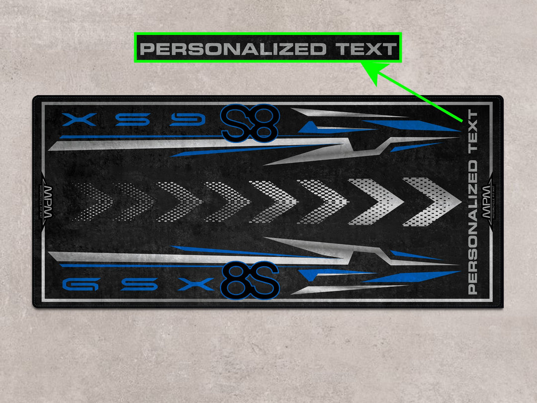 Matte Black No.2 GSX-8S parking mat. Personalized motorcycle accessory for racetrack, gift setup, or showroom decor.
