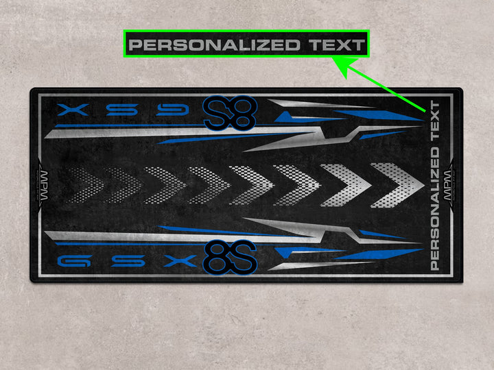 Matte Black No.2 GSX-8S parking mat. Personalized motorcycle accessory for racetrack, gift setup, or showroom decor.
