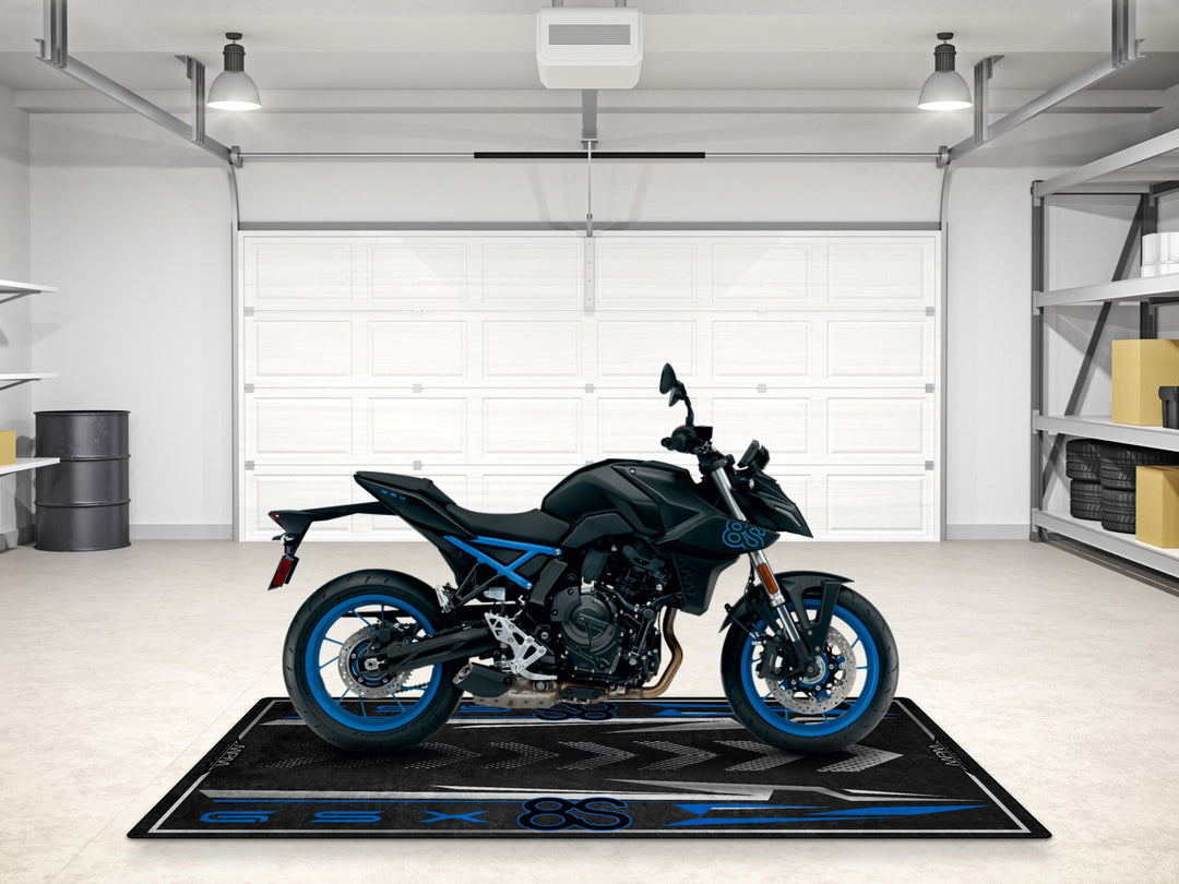 Suzuki GSX-8S motorcycle carpet. Durable Thermoplastic Rubber mat designed for garage display and motorcycle gear zone.