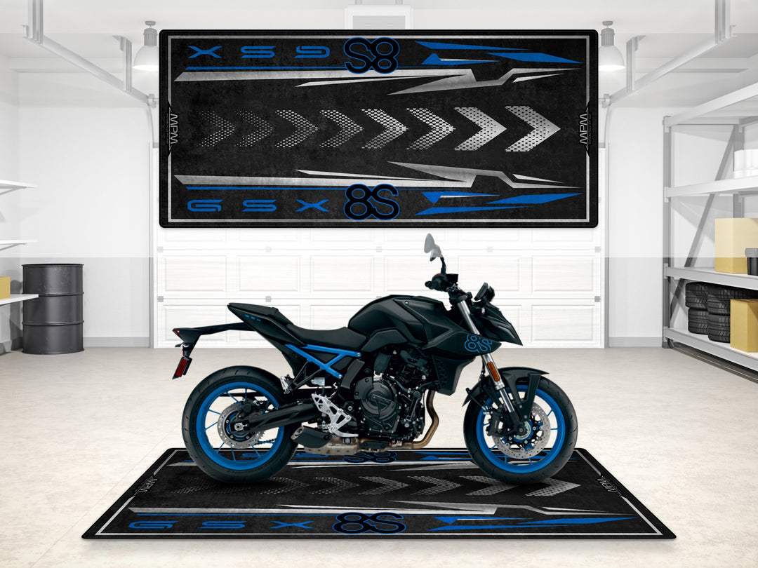 Suzuki GSX-8S garage mat in Metallic Matte Black. Ideal floor cover for motorcycle display or garage floor protection.