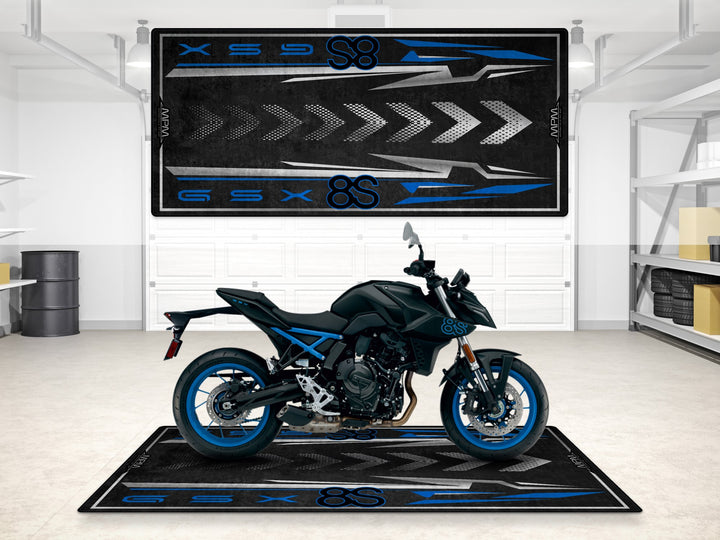 Suzuki GSX-8S garage mat in Metallic Matte Black. Ideal floor cover for motorcycle display or garage floor protection.