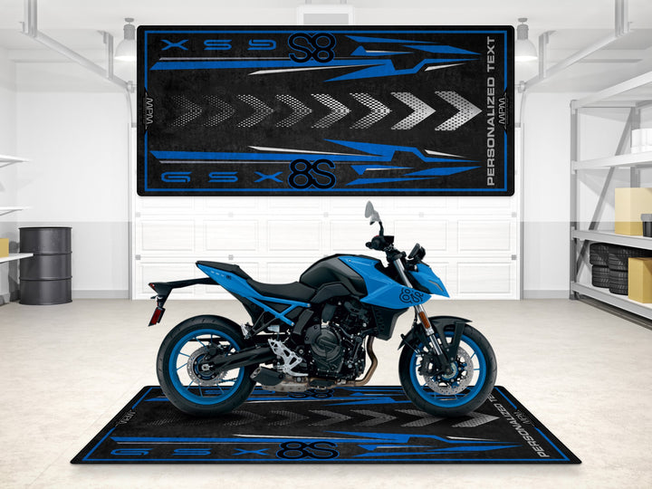 Personalized motorcycle rug for Suzuki GSX-8S riders. Ideal showroom or track prep accessory with stylish design.