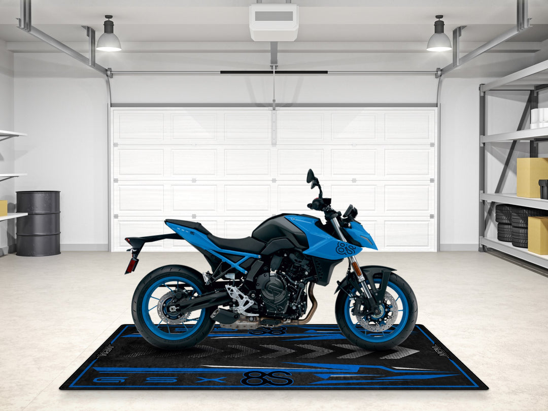 Suzuki GSX-8S mat in Pearl Cosmic Blue. Multi-use motorcycle carpet for gift ideas or parking mat setups.