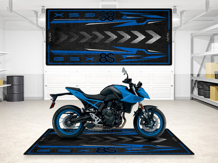 Suzuki GSX-8S garage mat in Pearl Cosmic Blue. Premium pit mat for garage floor protection and motorcycle display.