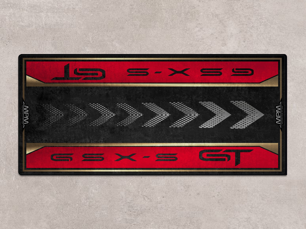 Candy Daring Red GSX-S1000GT parking mat. Motorcycle carpet for superbike garage, pit area or bike zone setup.