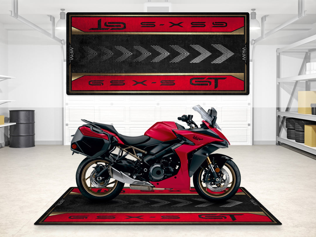 Suzuki GSX-S1000GT garage mat in Candy Daring Red. Premium pit mat for garage floor protection and display use.