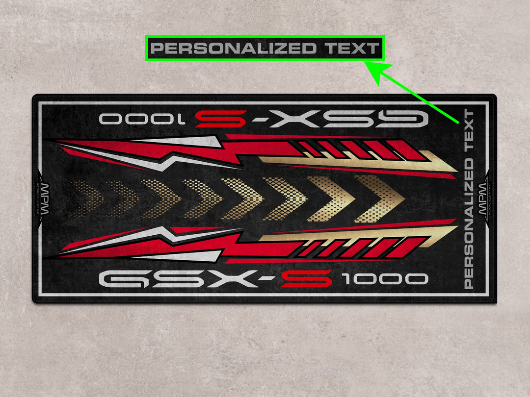 Personalized motorcycle display mat for GSX-S1000. Perfect garage accessory or gift for Suzuki riders and racers.