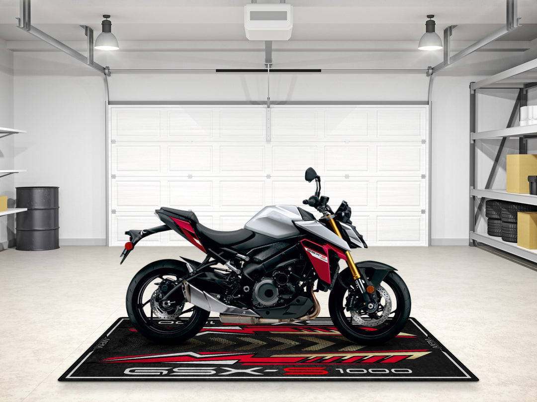 Sword Silver GSX-S1000 garage mat with custom pit rug design. Built for parking, pit prep, and motorcycle display.