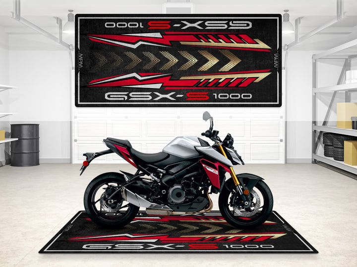 GSX-S1000 Sword Silver pit mat. Premium motorcycle rug for garage floor protection, parking zone, or racetrack setup.