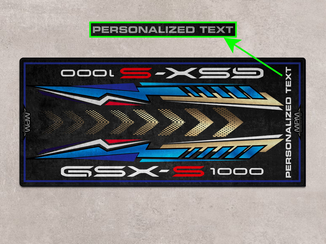 Custom pit rug for GSX-S1000 riders. Ideal motorcycle floor cover for garage, bike zone, or racetrack accessory area.