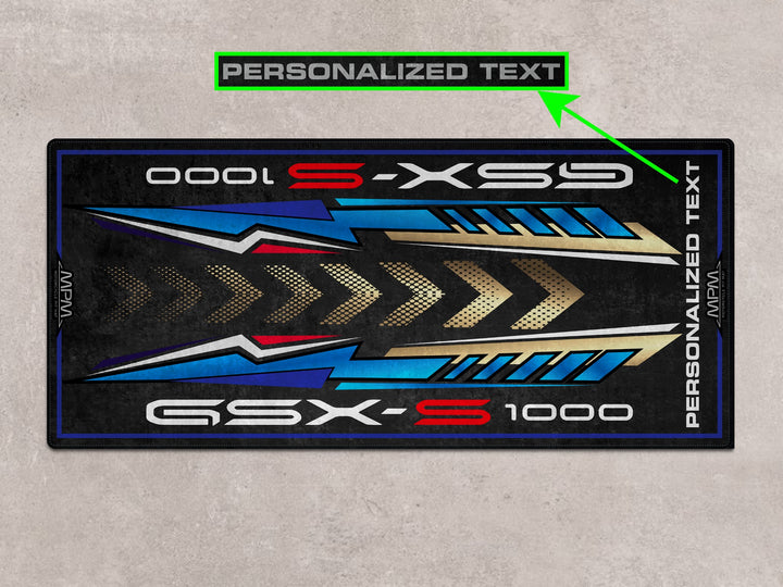 Custom pit rug for GSX-S1000 riders. Ideal motorcycle floor cover for garage, bike zone, or racetrack accessory area.