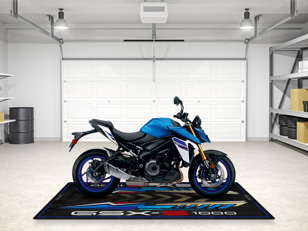 Blue GSX-S1000 motorcycle mat with Thermoplastic Rubber base. Great gift for riders and track-focused garages.