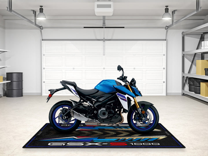 Blue GSX-S1000 motorcycle mat with Thermoplastic Rubber base. Great gift for riders and track-focused garages.