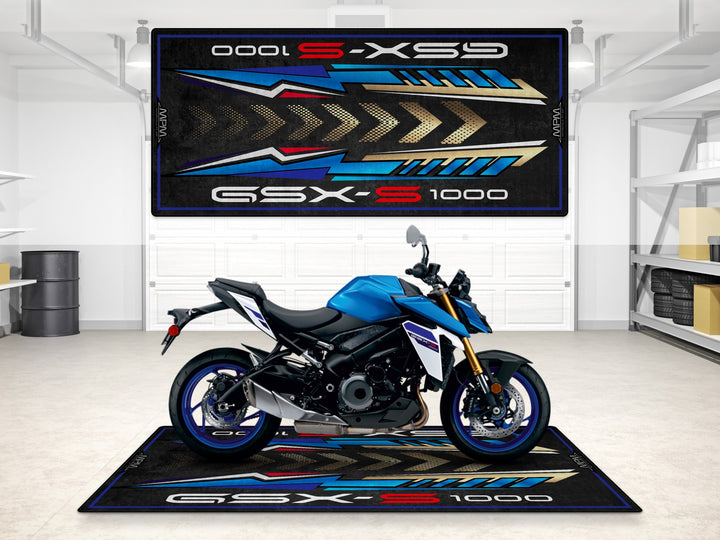 GSX-S1000 Metallic Triton Blue parking mat. Showroom-grade motorcycle rug for garage floor protection and pit prep.