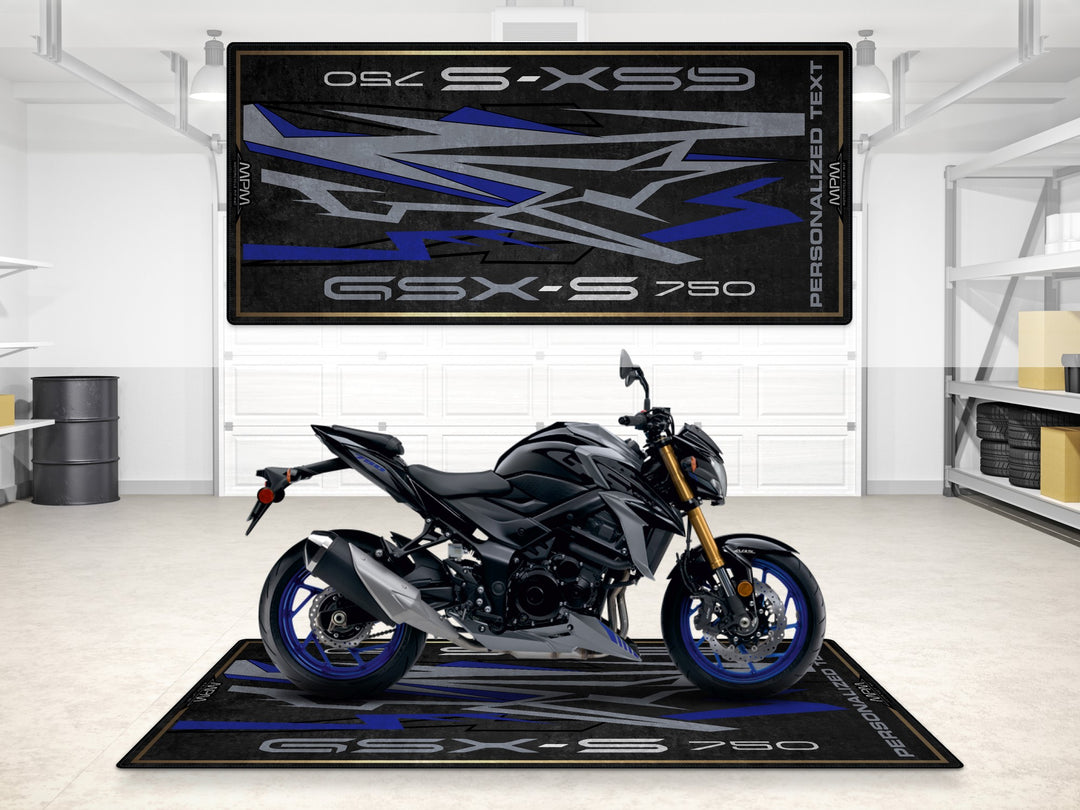 Custom pit rug for GSX-S750Z in Sparkle Black. Durable Thermoplastic Rubber floor cover for any superbike garage.