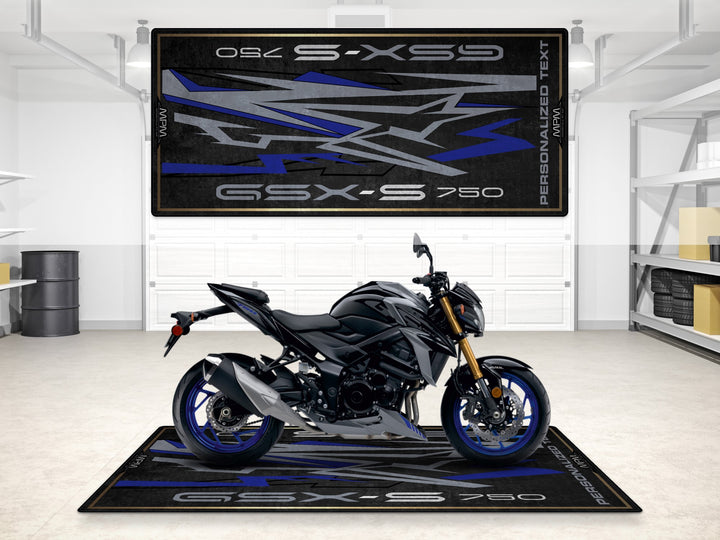 Custom pit rug for GSX-S750Z in Sparkle Black. Durable Thermoplastic Rubber floor cover for any superbike garage.