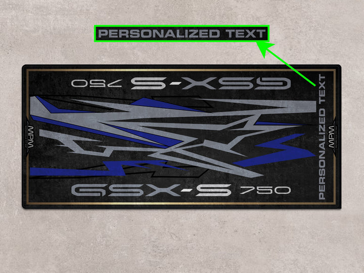 Motorcycle parking mat for GSX-S750Z with bold blue accents. Ideal for accessories, rider gear, or garage setup.