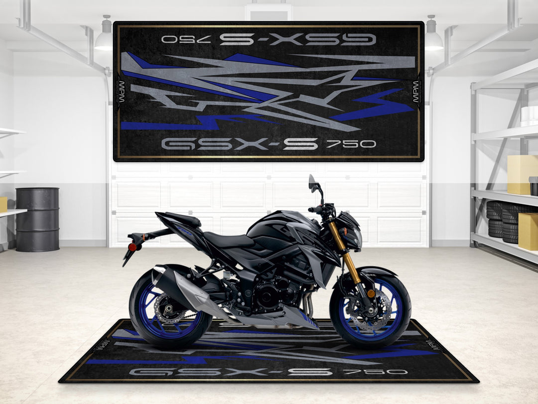 GSX-S750Z garage mat in Metallic Oort Gray & Sparkle Black. Perfect parking mat for your showroom or pit zone.