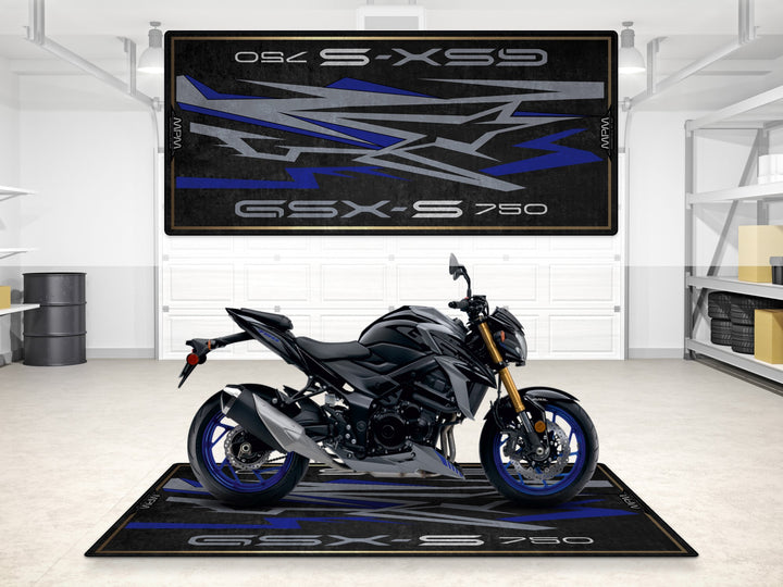 GSX-S750Z garage mat in Metallic Oort Gray & Sparkle Black. Perfect parking mat for your showroom or pit zone.