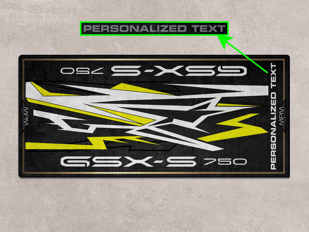 Pearl White GSX-S750Z floor mat with Champion Yellow highlights. Ideal rug for rider gear and track prep setups.