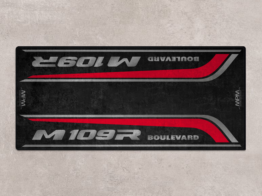 Suzuki M109R pit mat for superbike garage or track prep. Bold red floor cover protects and displays your cruiser.