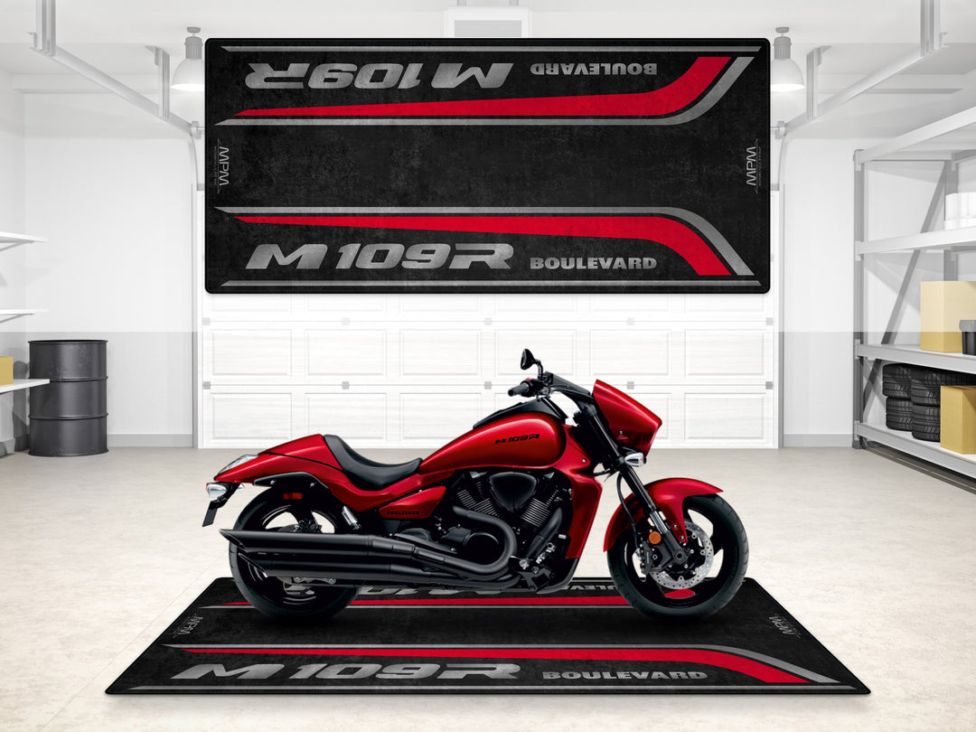 Boulevard M109R garage mat in Candy Daring Red. Stylish parking mat for your motorcycle showroom or garage floor.