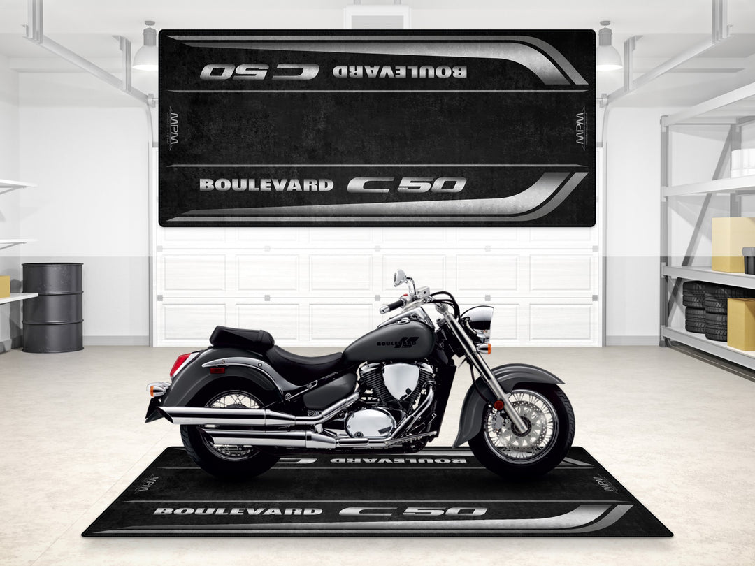 Suzuki Boulevard C50 parking mat in Solid Iron Gray. Ideal garage mat and floor cover for cruiser lovers.